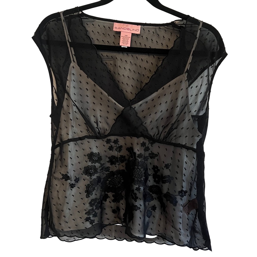 Bandolino Y2K Black Sheer Mesh Embroidered Clip Dot Layer Top Scalloped Sz 10 M